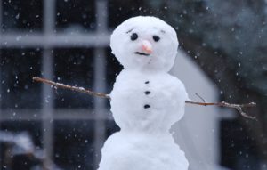 Image of a snowman outside on a snowy day.