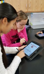 Two female students work on their ipads during an assignment.